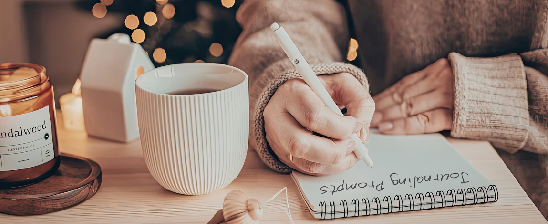 Woman journaling on desk with teacup and candle